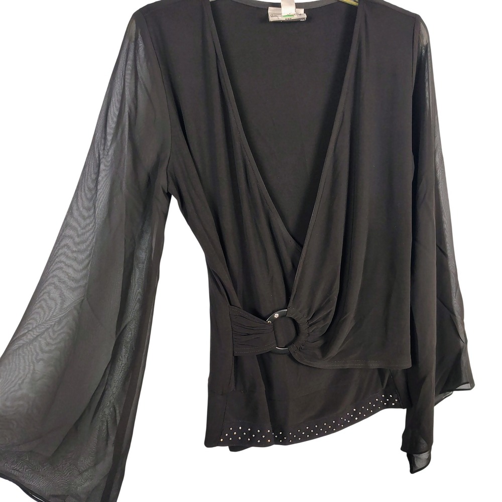 Joseph Ribkoff Womens SZ 10 Wrap Top Black Sheer Bell Sleeve Rhinestone Gothcore